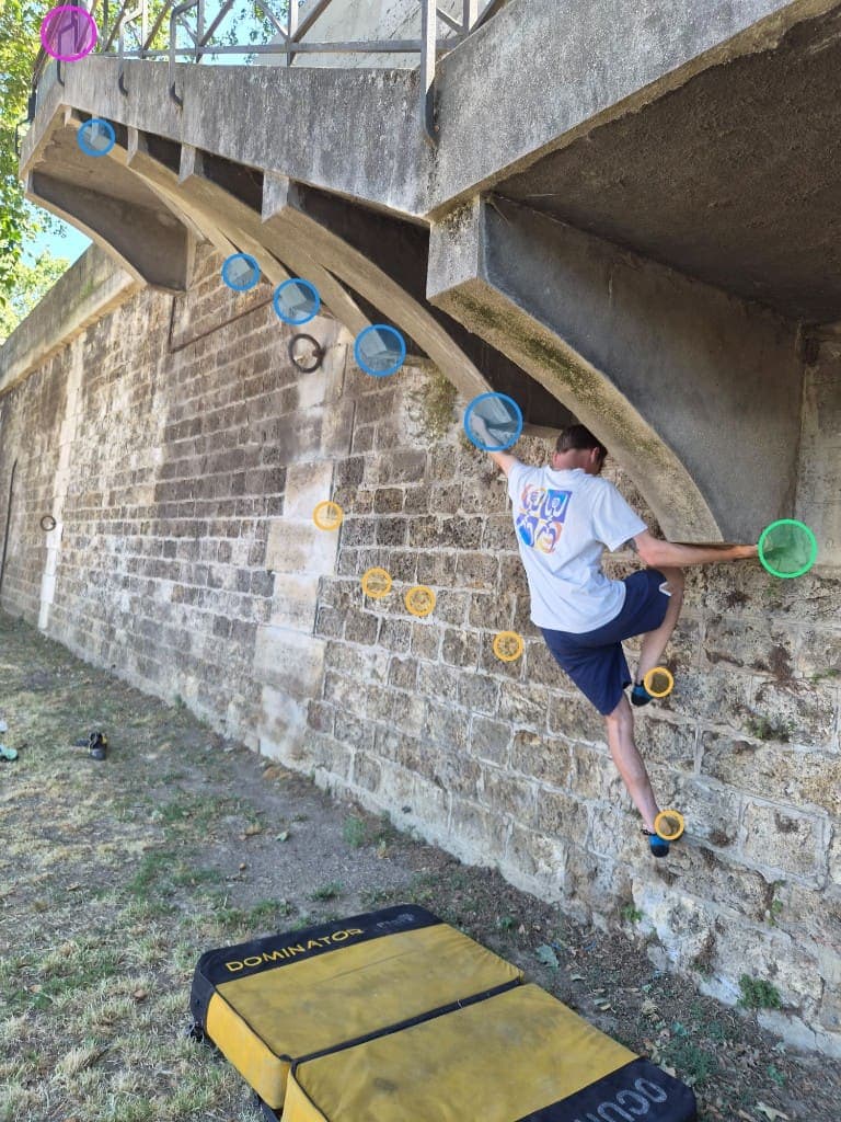 Grimpeur sur un bloc urbain avec annotations de prises